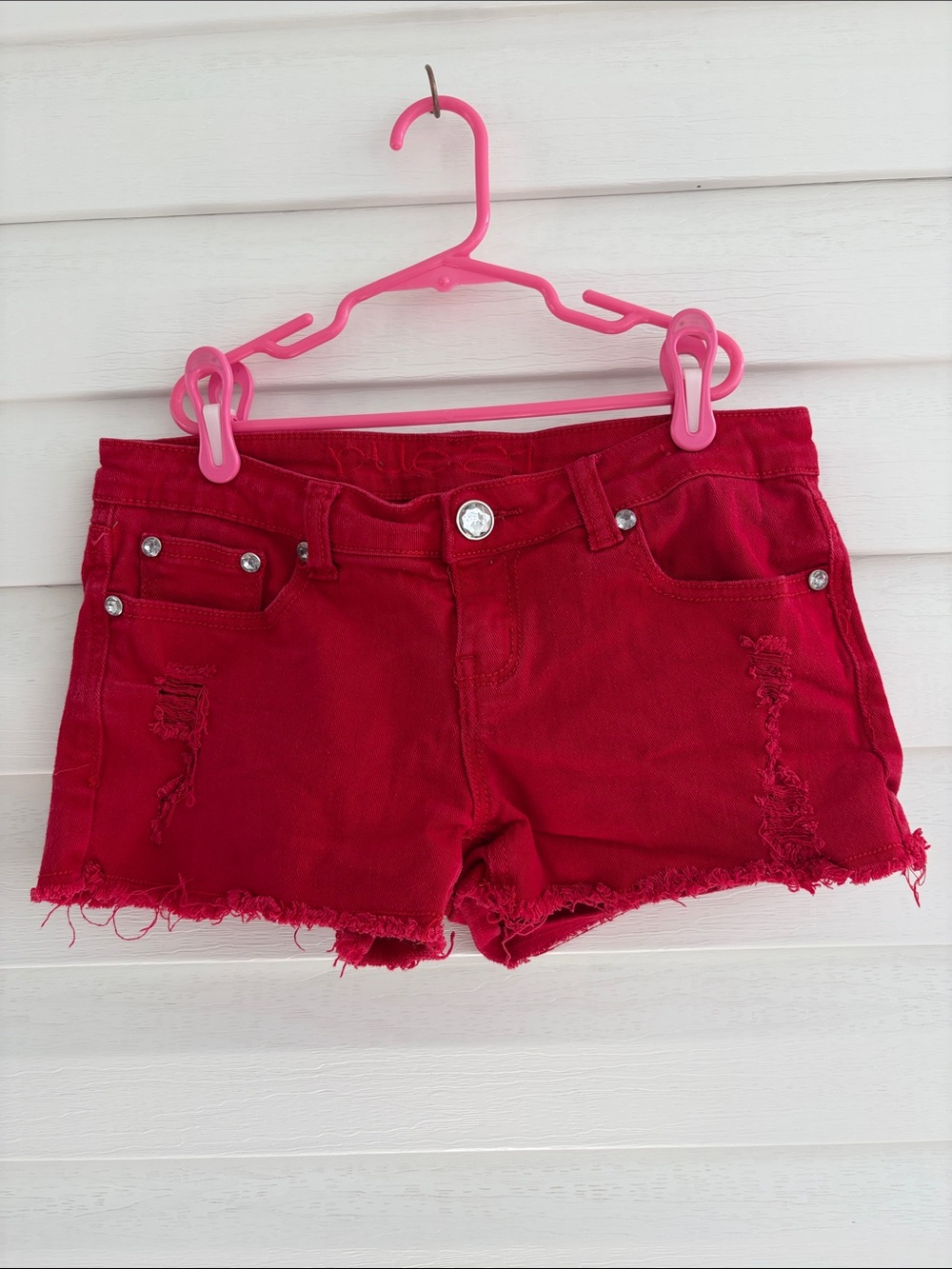 Rue21 Red Micro Low Rise Denim Shorts Size 3/4 Distressed Y2K Festival